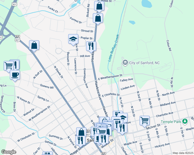 map of restaurants, bars, coffee shops, grocery stores, and more near 604 Hawkins Avenue in Sanford