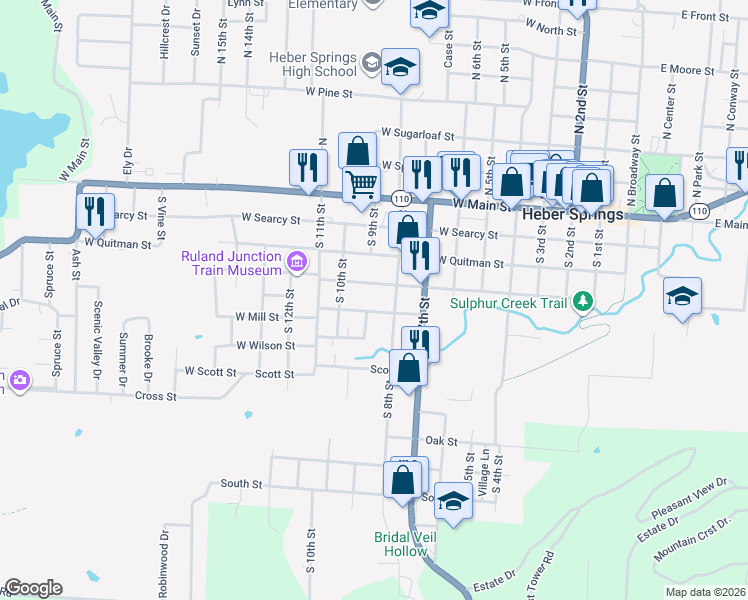 map of restaurants, bars, coffee shops, grocery stores, and more near 810 West Mill Street in Heber Springs