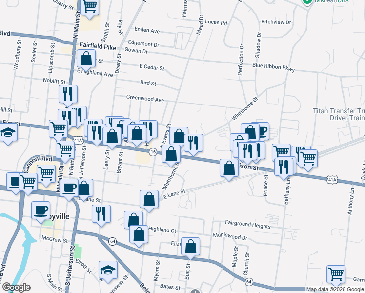 map of restaurants, bars, coffee shops, grocery stores, and more near 622 Whitthorne Street in Shelbyville