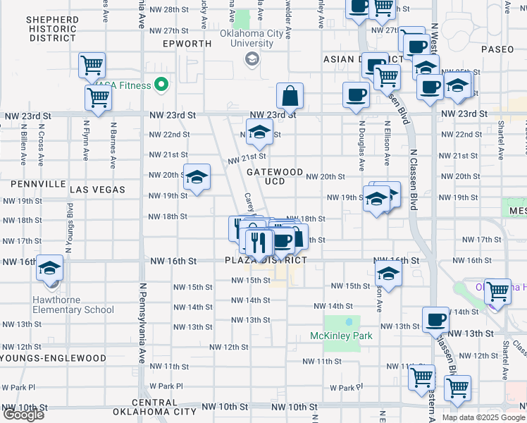 map of restaurants, bars, coffee shops, grocery stores, and more near 1843 North Gatewood Avenue in Oklahoma City