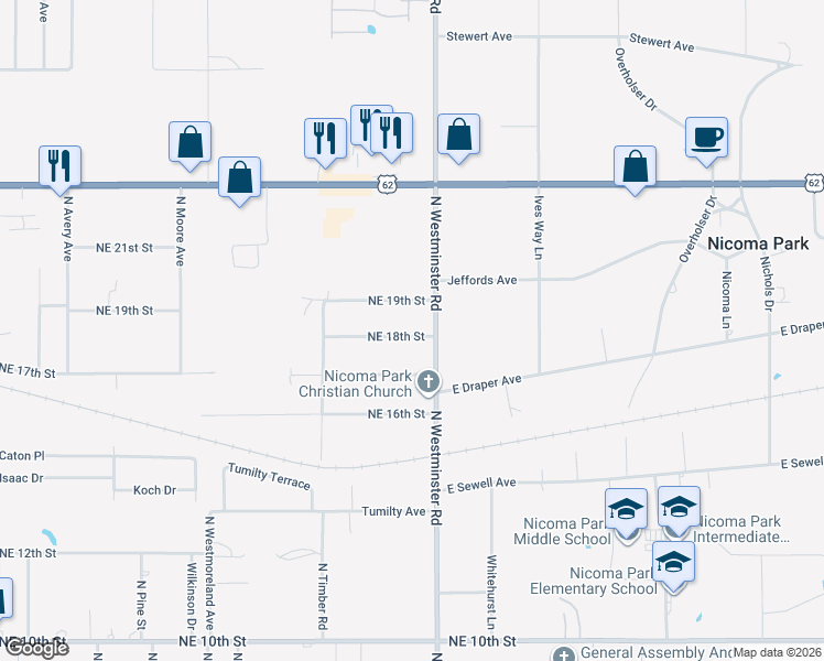 map of restaurants, bars, coffee shops, grocery stores, and more near 10917 Northeast 18th Street in Oklahoma City