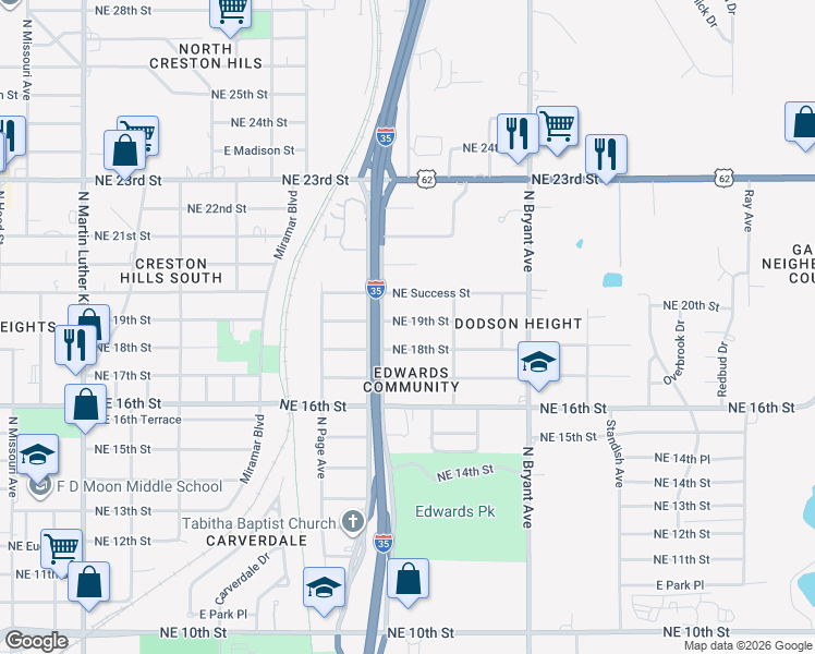 map of restaurants, bars, coffee shops, grocery stores, and more near 2620 Northeast 19th Street in Oklahoma City