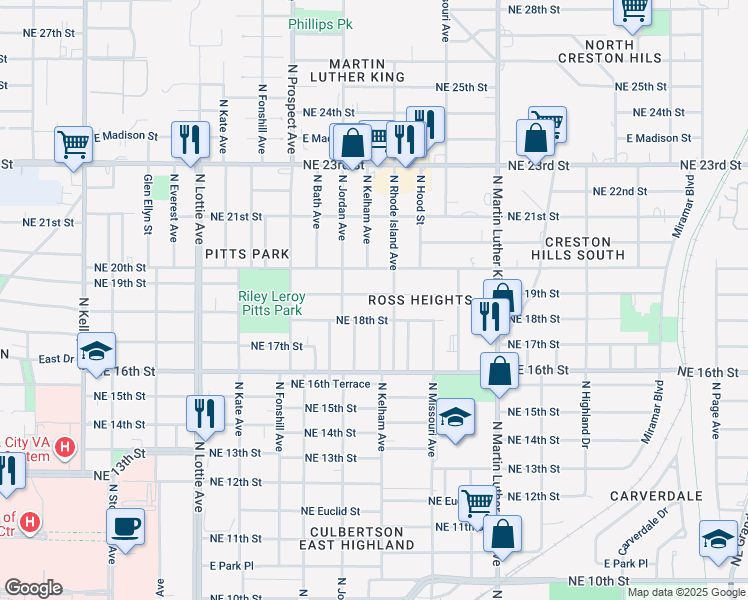 map of restaurants, bars, coffee shops, grocery stores, and more near 1704 Northeast 19th Street in Oklahoma City