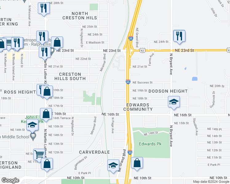 map of restaurants, bars, coffee shops, grocery stores, and more near 2504 Northeast 19th Street in Oklahoma City