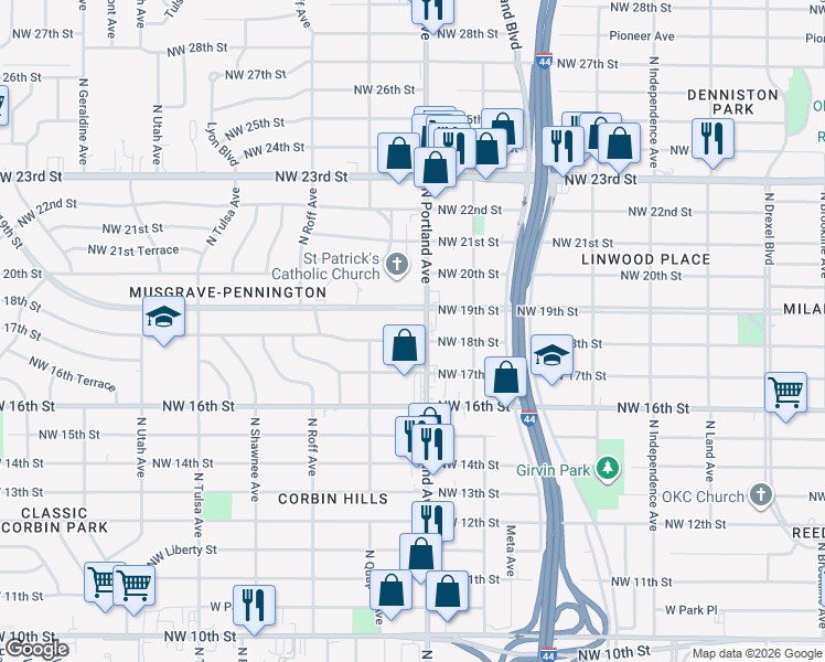 map of restaurants, bars, coffee shops, grocery stores, and more near 3709 NW 18th St in Oklahoma City