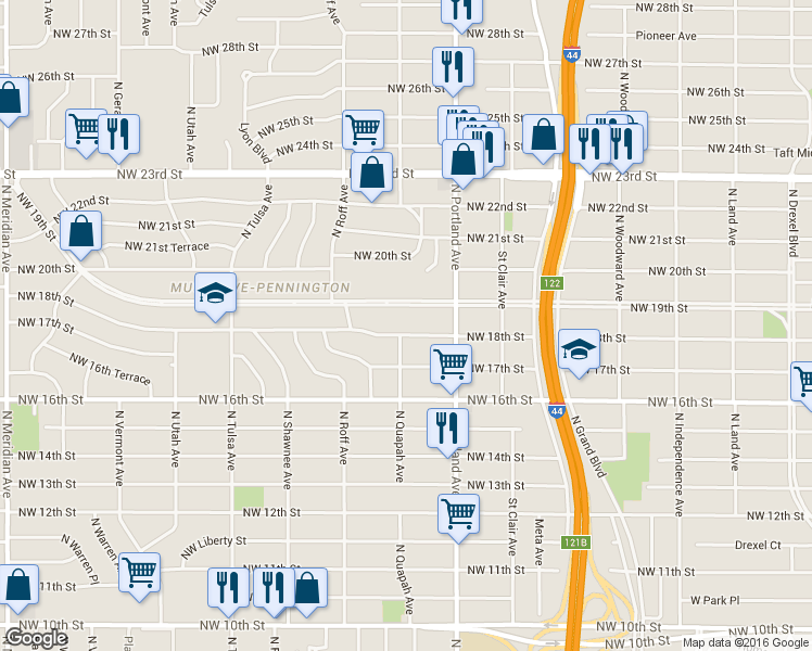 map of restaurants, bars, coffee shops, grocery stores, and more near 3741 Northwest 18th Street in Oklahoma City
