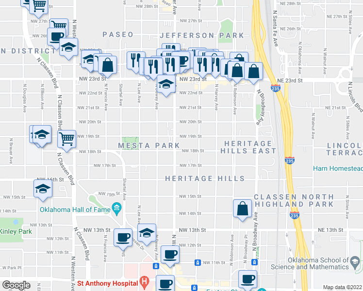 map of restaurants, bars, coffee shops, grocery stores, and more near 439 Northwest 18th Street in Oklahoma City