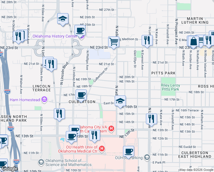 map of restaurants, bars, coffee shops, grocery stores, and more near 927 Northeast 18th Street in Oklahoma City