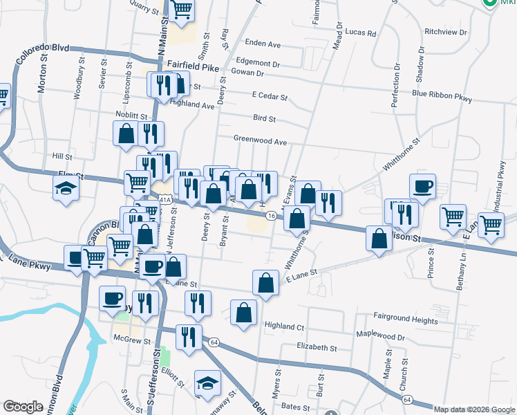 map of restaurants, bars, coffee shops, grocery stores, and more near 517 Madison Street in Shelbyville