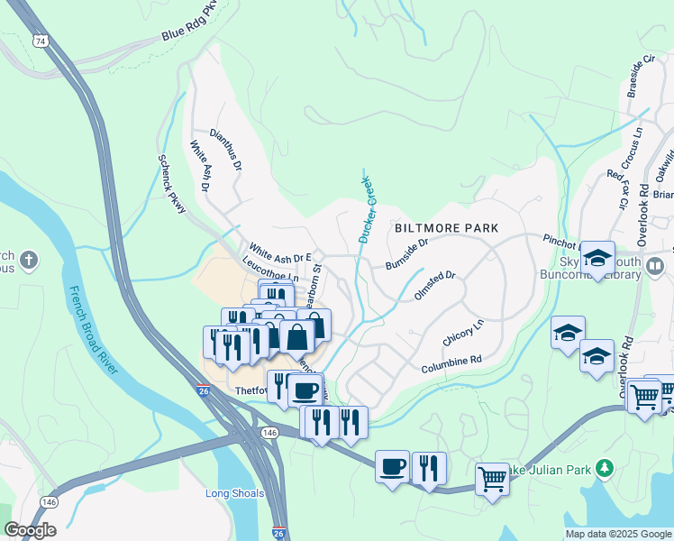 map of restaurants, bars, coffee shops, grocery stores, and more near 8 Dayflower Drive in Asheville