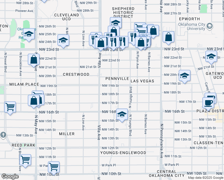 map of restaurants, bars, coffee shops, grocery stores, and more near 2408 Northwest 19th Street in Oklahoma City