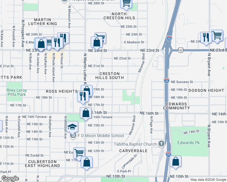 map of restaurants, bars, coffee shops, grocery stores, and more near 2148 Northeast 19th Street in Oklahoma City