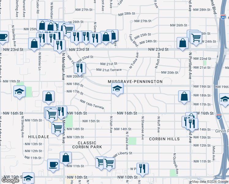 map of restaurants, bars, coffee shops, grocery stores, and more near 4139 Northwest 18th Street in Oklahoma City