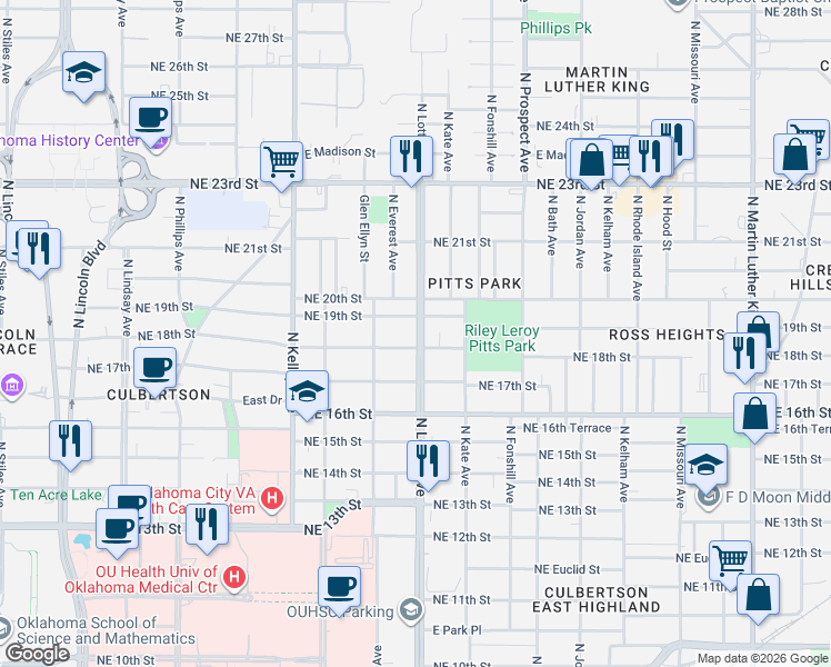 map of restaurants, bars, coffee shops, grocery stores, and more near 1907 North Lottie Avenue in Oklahoma City