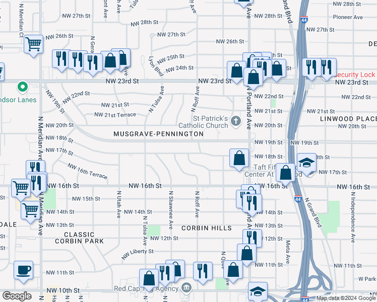 map of restaurants, bars, coffee shops, grocery stores, and more near 3917 Northwest 18th Street in Oklahoma City