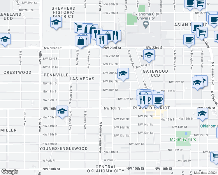 map of restaurants, bars, coffee shops, grocery stores, and more near 2017 NW 18th St in Oklahoma City