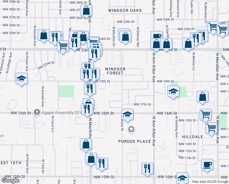 map of restaurants, bars, coffee shops, grocery stores, and more near 5117 Northwest 18th Street in Oklahoma City