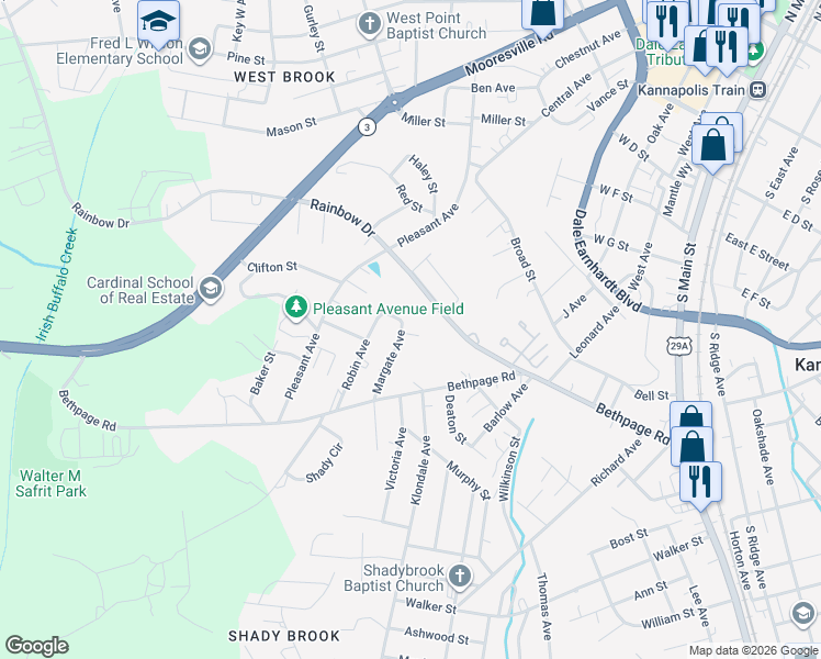 map of restaurants, bars, coffee shops, grocery stores, and more near 703 Margate Avenue in Kannapolis