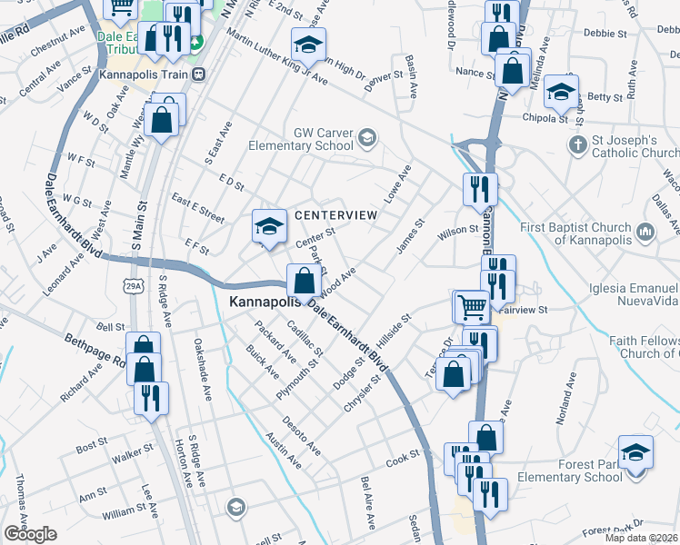 map of restaurants, bars, coffee shops, grocery stores, and more near 601 Walter Street in Kannapolis