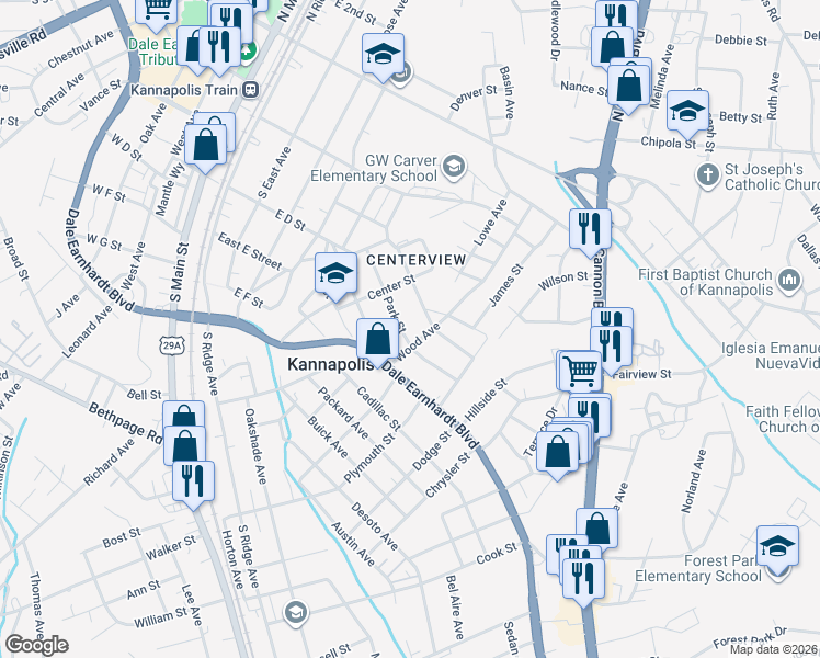 map of restaurants, bars, coffee shops, grocery stores, and more near 531 Park Street in Kannapolis