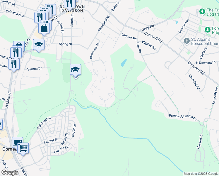 map of restaurants, bars, coffee shops, grocery stores, and more near 400 Avinger Lane in Davidson