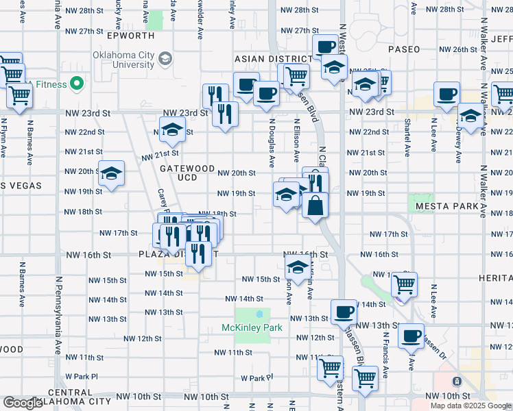 map of restaurants, bars, coffee shops, grocery stores, and more near 1511 Northwest 18th Street in Oklahoma City