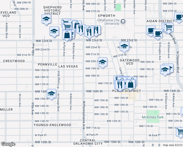 map of restaurants, bars, coffee shops, grocery stores, and more near 2017 Northwest 18th Street in Oklahoma City