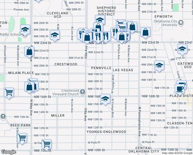 map of restaurants, bars, coffee shops, grocery stores, and more near 2408 Northwest 19th Street in Oklahoma City