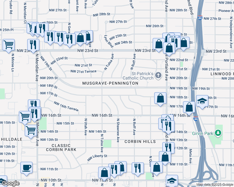 map of restaurants, bars, coffee shops, grocery stores, and more near 4005 Northwest 18th Street in Oklahoma City