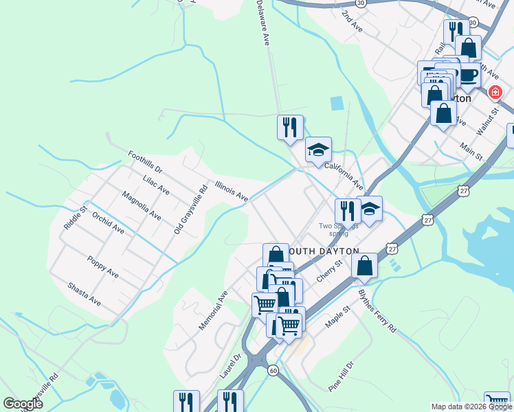 map of restaurants, bars, coffee shops, grocery stores, and more near 490 Illinois Avenue in Dayton