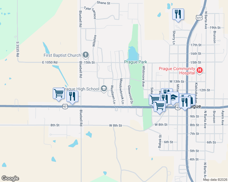 map of restaurants, bars, coffee shops, grocery stores, and more near 1120 Westlawn Drive in Prague