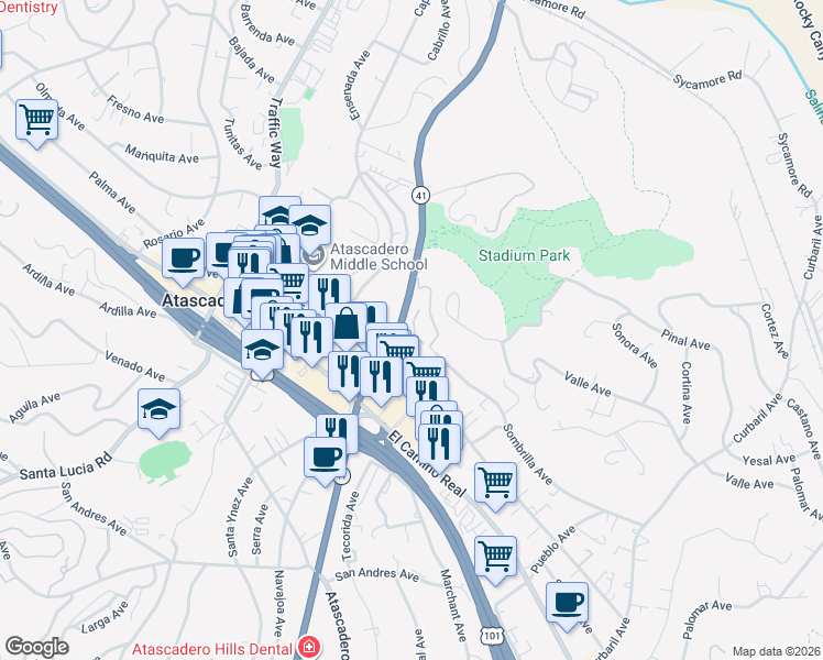 map of restaurants, bars, coffee shops, grocery stores, and more near 19 Quail Ridge Drive in Atascadero