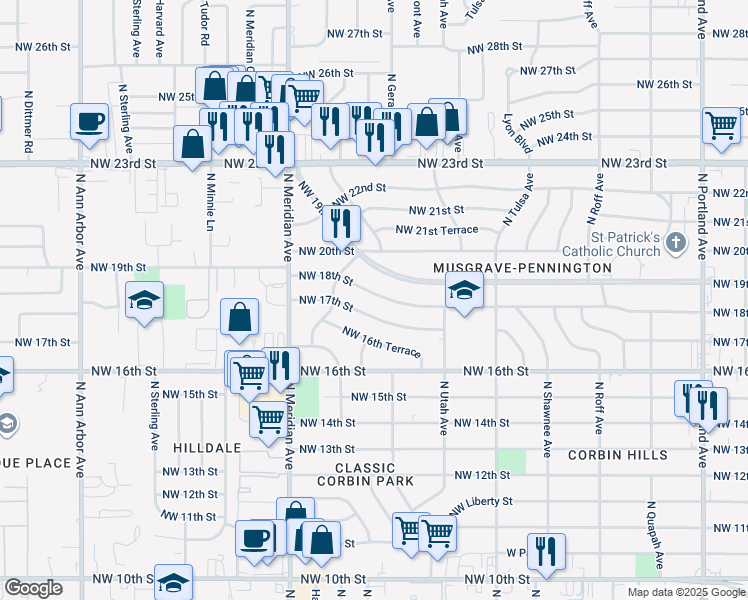 map of restaurants, bars, coffee shops, grocery stores, and more near 4312 NW 18th St in Oklahoma City