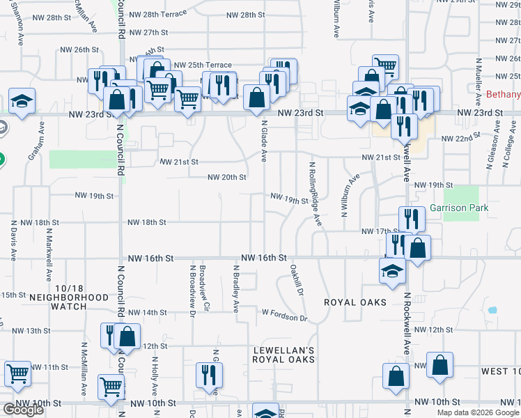 map of restaurants, bars, coffee shops, grocery stores, and more near 1909 North Glade Avenue in Bethany