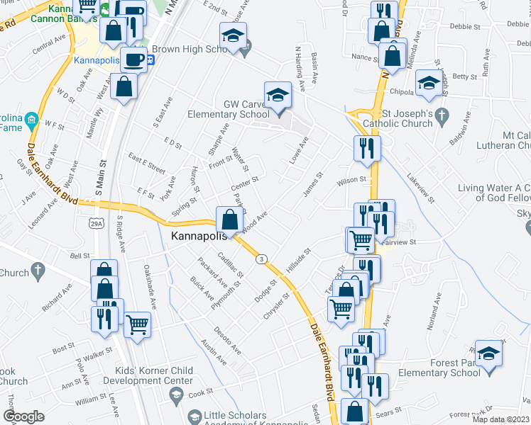 map of restaurants, bars, coffee shops, grocery stores, and more near 388 Wood Avenue in Kannapolis