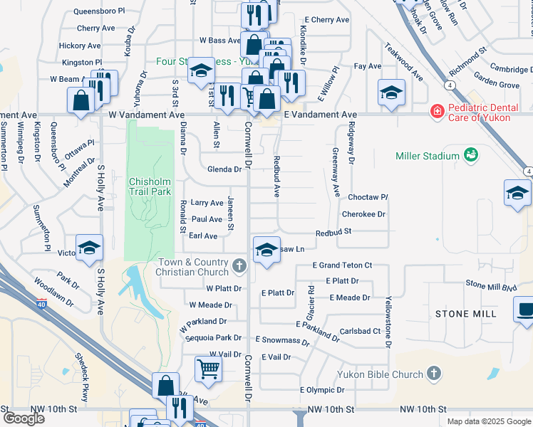 map of restaurants, bars, coffee shops, grocery stores, and more near 109 Cherokee Dr in Yukon
