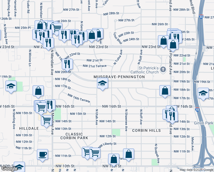 map of restaurants, bars, coffee shops, grocery stores, and more near 4115 Northwest 18th Street in Oklahoma City