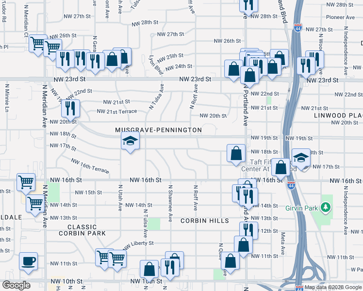map of restaurants, bars, coffee shops, grocery stores, and more near 3917 Northwest 18th Street in Oklahoma City