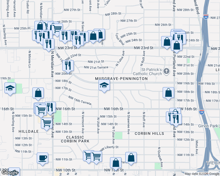 map of restaurants, bars, coffee shops, grocery stores, and more near 4111 Northwest 18th Street in Oklahoma City