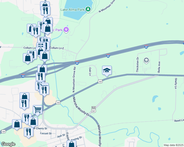 map of restaurants, bars, coffee shops, grocery stores, and more near 408 Oak Ln in Alma