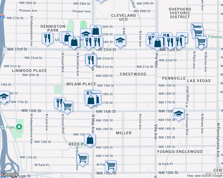 map of restaurants, bars, coffee shops, grocery stores, and more near 1913 North Ross Avenue in Oklahoma City