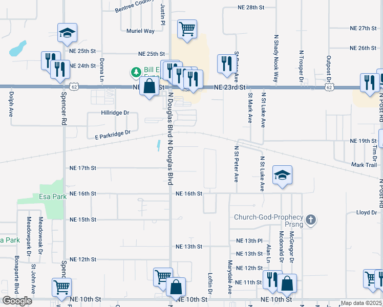map of restaurants, bars, coffee shops, grocery stores, and more near 9010 Northeast 19th Street in Oklahoma City