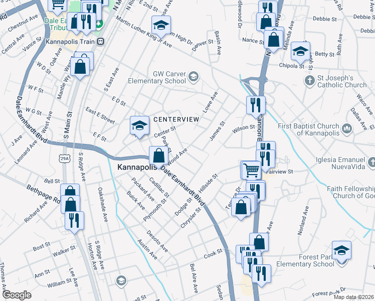 map of restaurants, bars, coffee shops, grocery stores, and more near 601 Walter Street in Kannapolis
