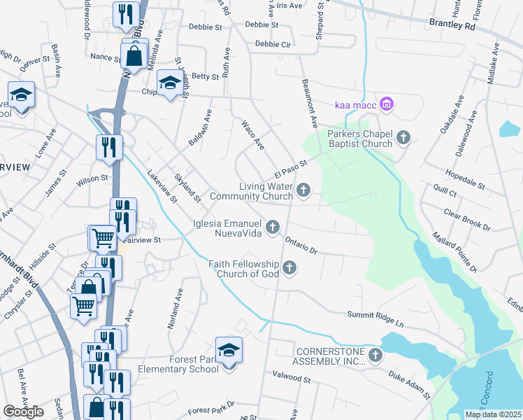 map of restaurants, bars, coffee shops, grocery stores, and more near 1351 Ontario Drive in Kannapolis