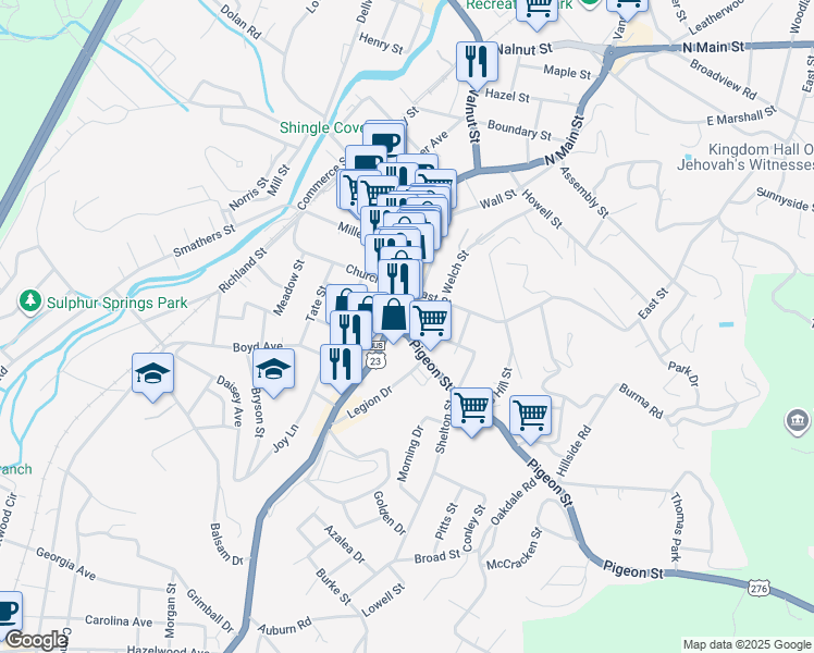map of restaurants, bars, coffee shops, grocery stores, and more near 59 Pigeon Street in Waynesville