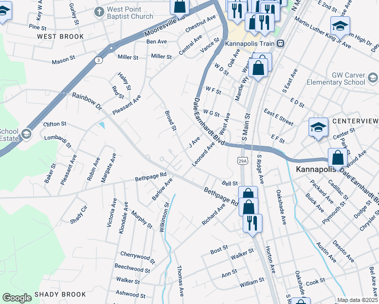 map of restaurants, bars, coffee shops, grocery stores, and more near 406 Broad Street in Kannapolis
