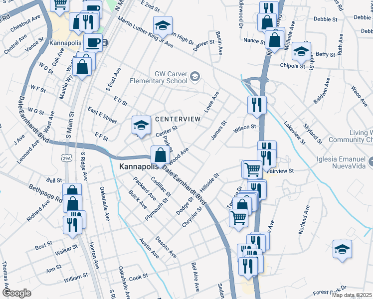 map of restaurants, bars, coffee shops, grocery stores, and more near 380 Wood Avenue in Kannapolis