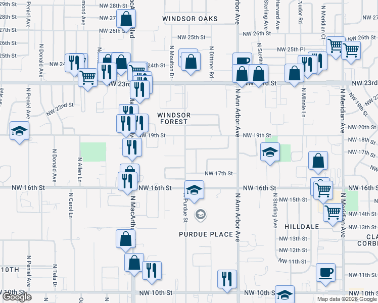 map of restaurants, bars, coffee shops, grocery stores, and more near 1833 North Purdue Place in Oklahoma City