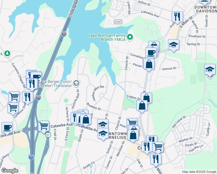 map of restaurants, bars, coffee shops, grocery stores, and more near 20140 Beard Street in Cornelius