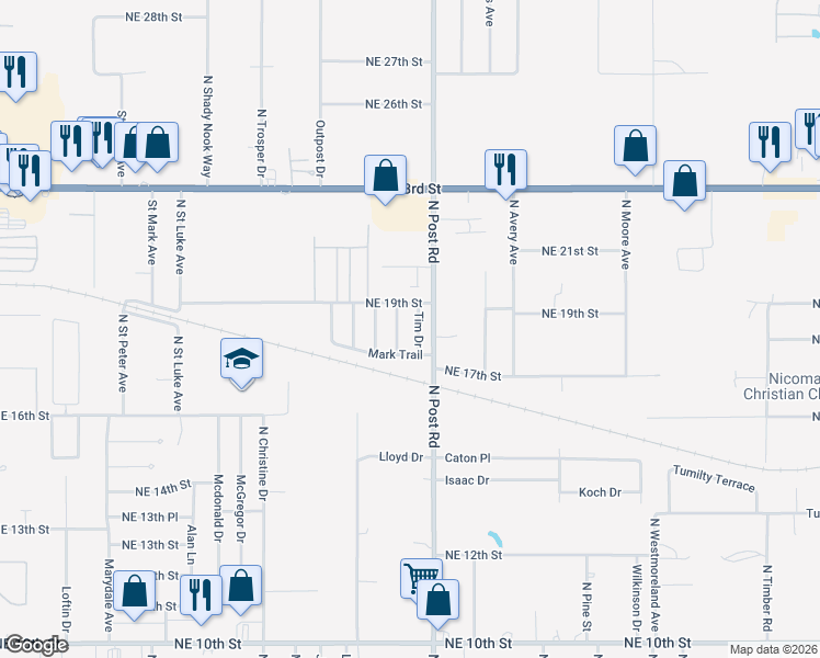 map of restaurants, bars, coffee shops, grocery stores, and more near 1816 North Kaye Drive in Oklahoma City